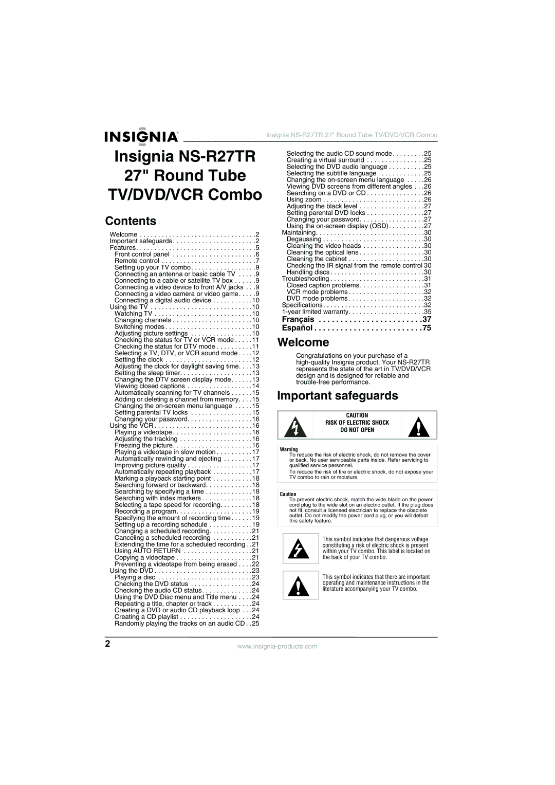 Insignia NS-R27TR manual Contents, Welcome, Important safeguards 