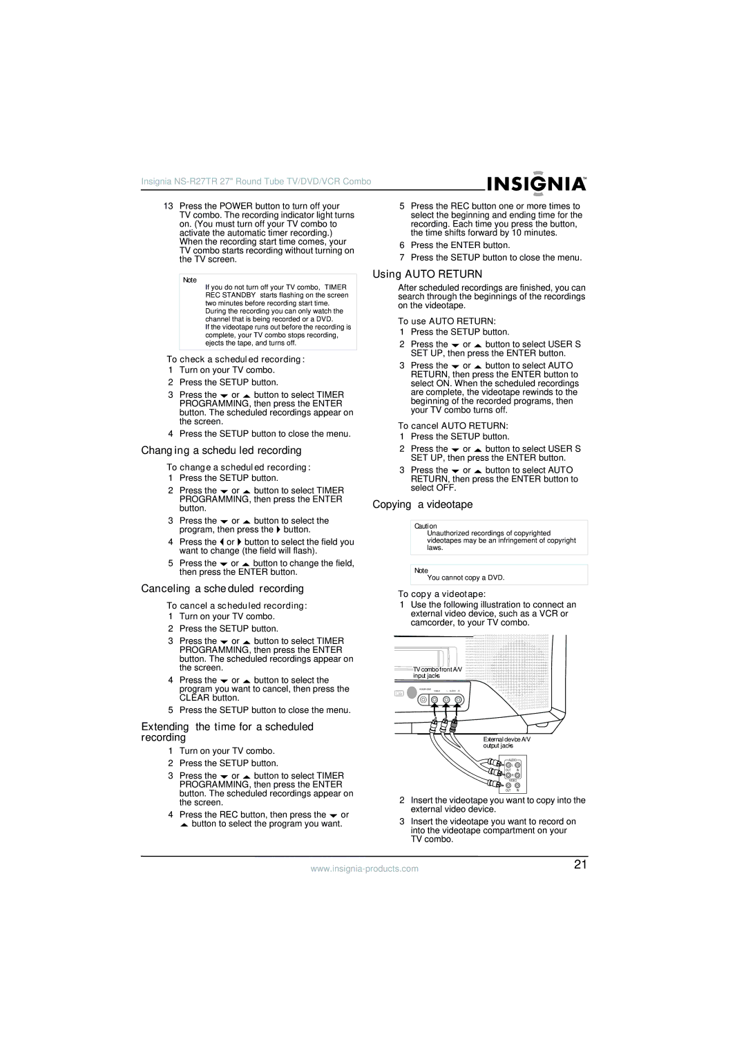 Insignia NS-R27TR Changing a scheduled recording, Canceling a scheduled recording, Using Auto Return, Copying a videotape 