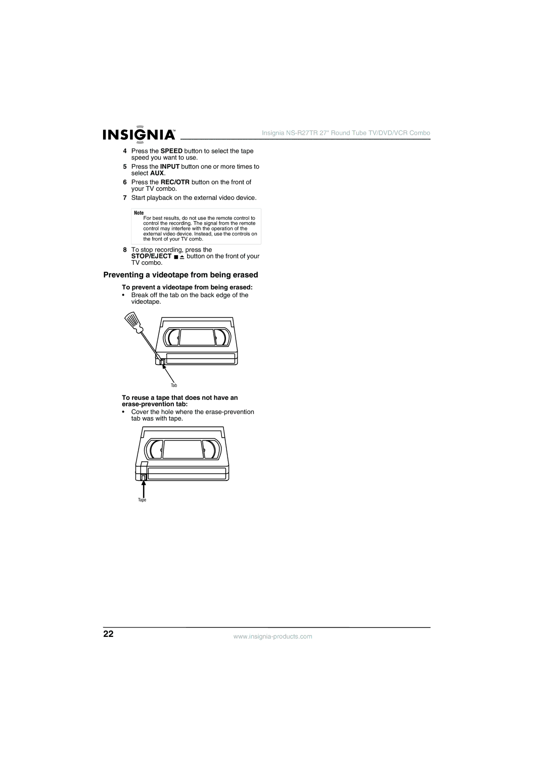 Insignia NS-R27TR manual Preventing a videotape from being erased, To prevent a videotape from being erased 