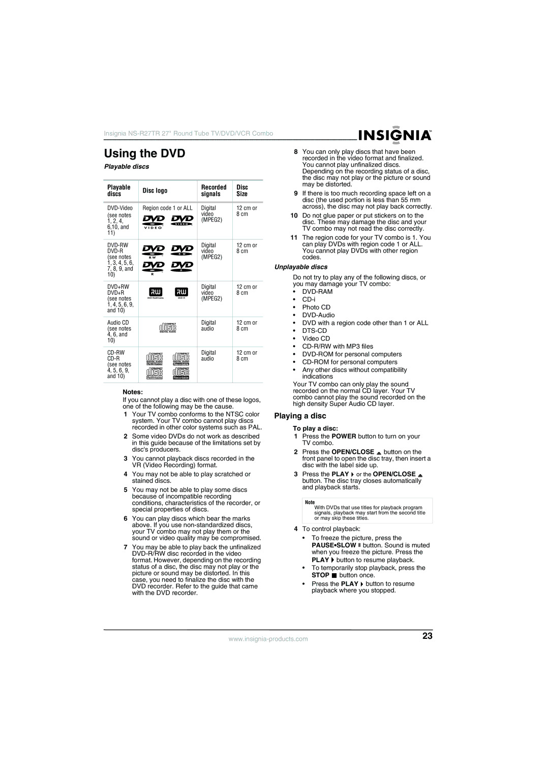 Insignia NS-R27TR manual Using the DVD, Playing a disc, Playable discs, Unplayable discs 