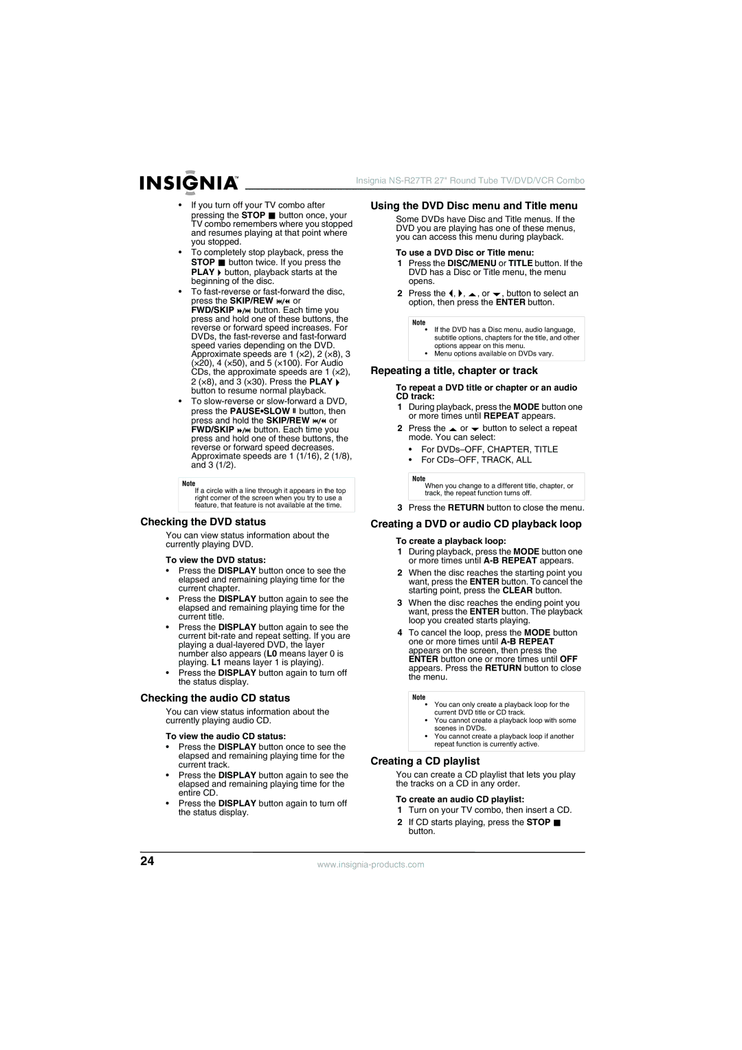 Insignia NS-R27TR manual Checking the DVD status, Checking the audio CD status, Using the DVD Disc menu and Title menu 