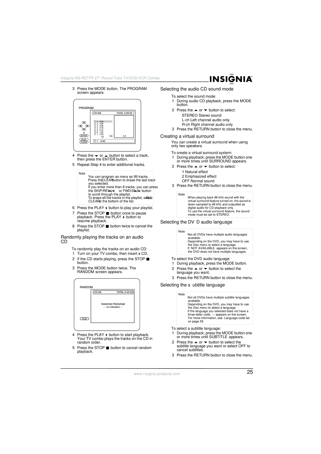 Insignia NS-R27TR manual Selecting the audio CD sound mode, Creating a virtual surround, Selecting the DVD audio language 