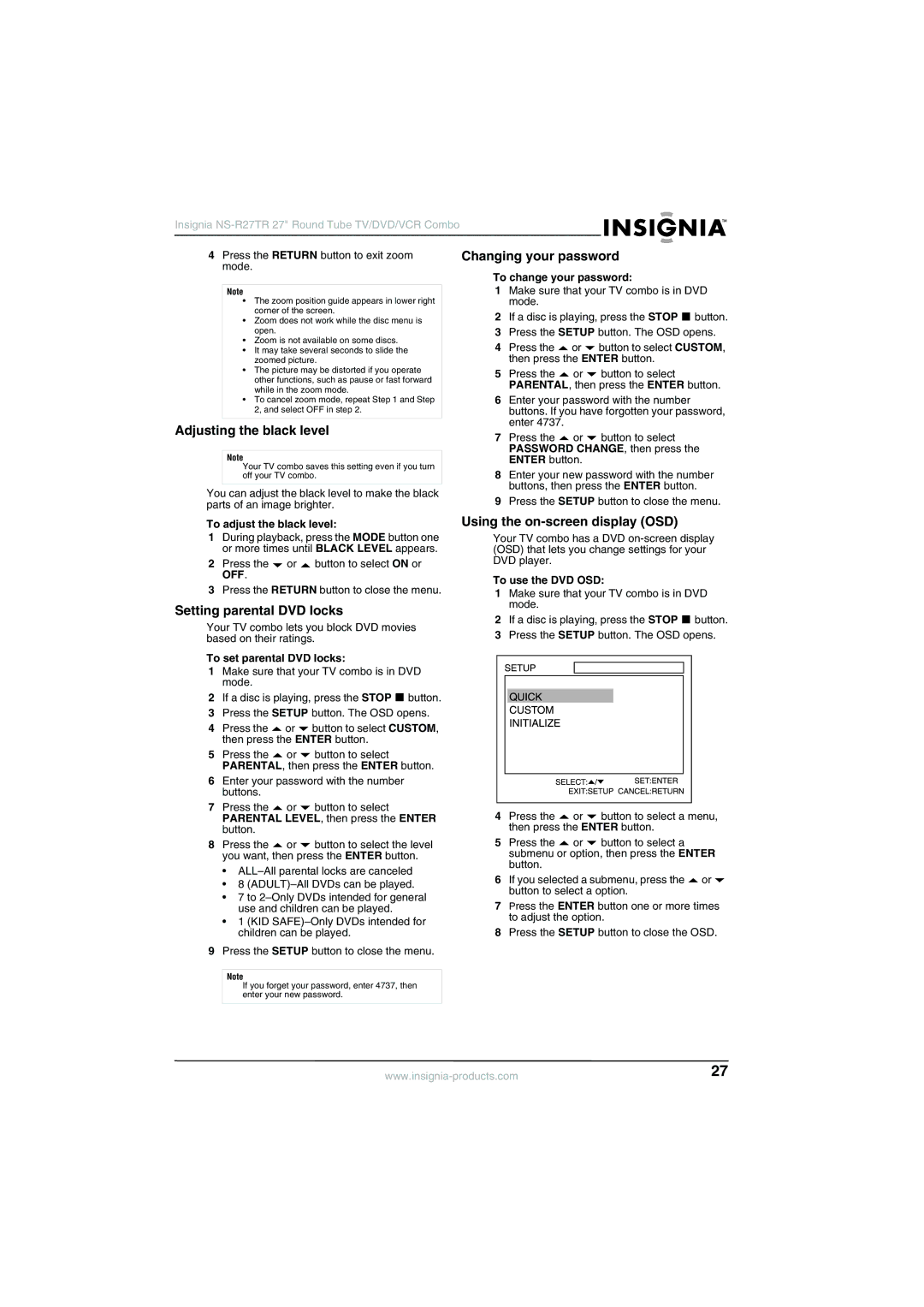 Insignia NS-R27TR manual Adjusting the black level, Using the on-screen display OSD, Setting parental DVD locks 