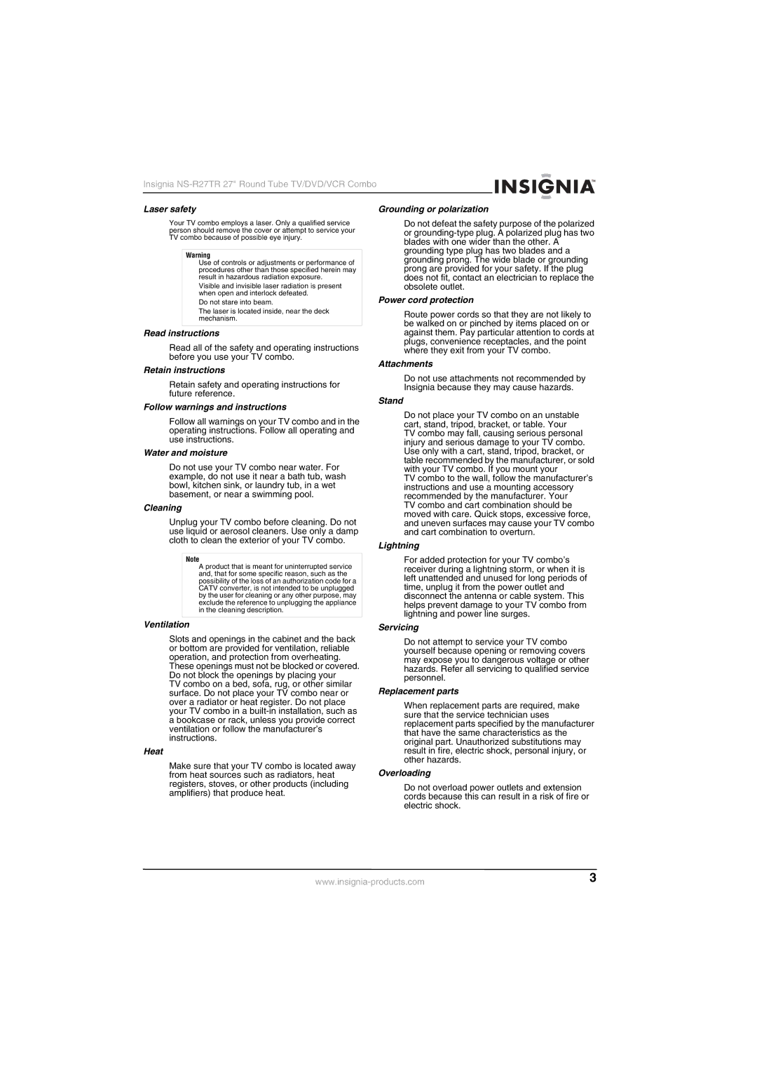 Insignia NS-R27TR Laser safety, Read instructions, Retain instructions, Follow warnings and instructions, Cleaning, Stand 