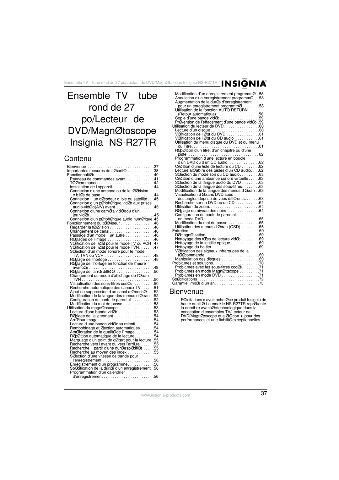 Insignia NS-R27TR manual Contenu, Bienvenue 