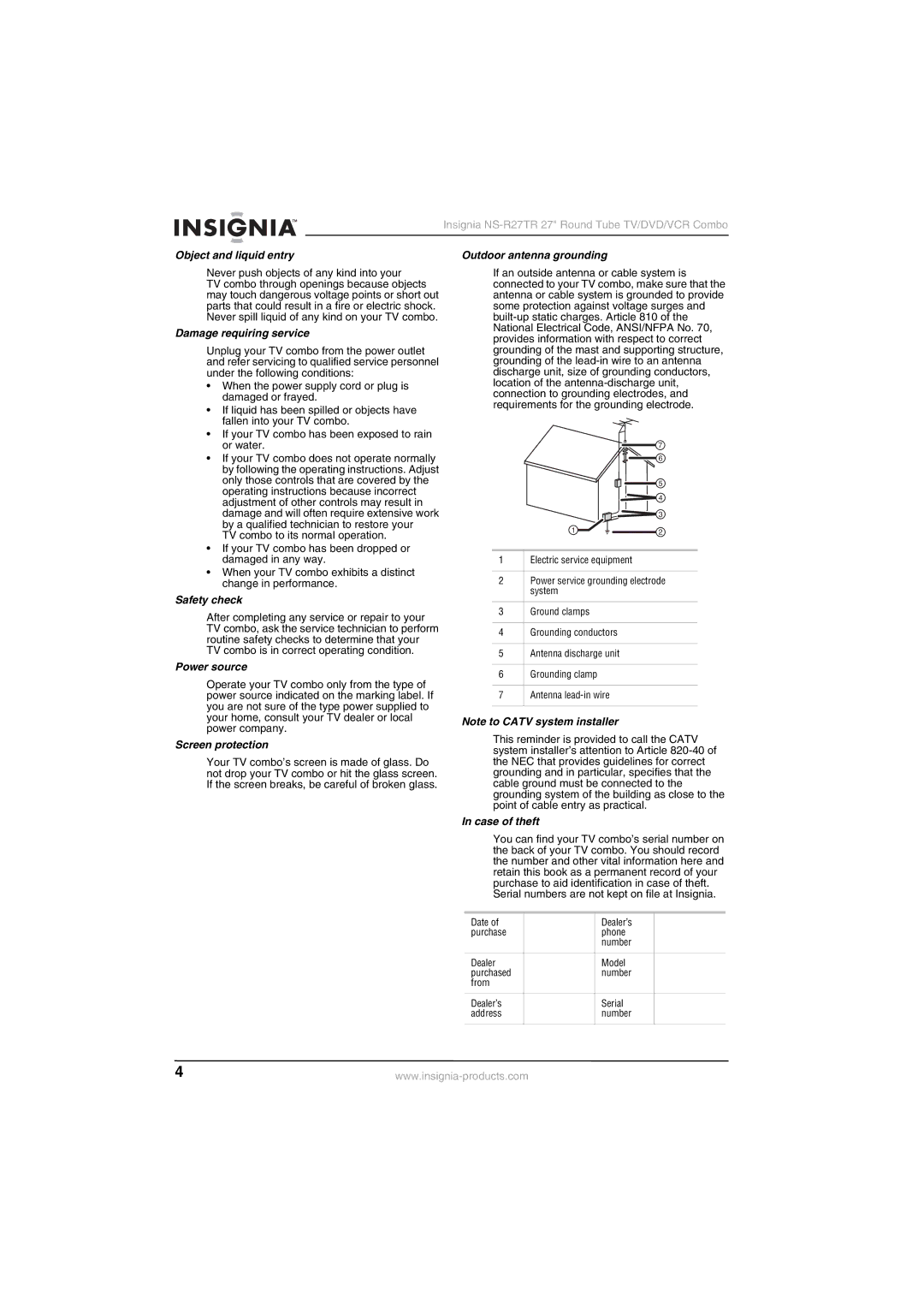 Insignia NS-R27TR manual Object and liquid entry, Damage requiring service, Safety check, Power source, Screen protection 