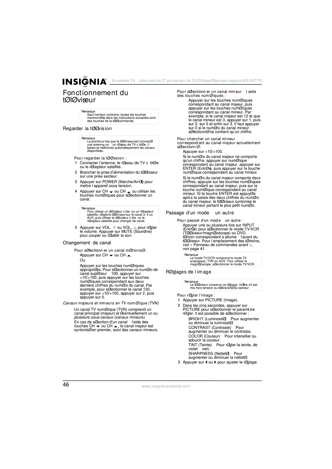 Insignia NS-R27TR Fonctionnement du téléviseur, Regarder la télévision, Changement de canal, Passage dun mode à un autre 