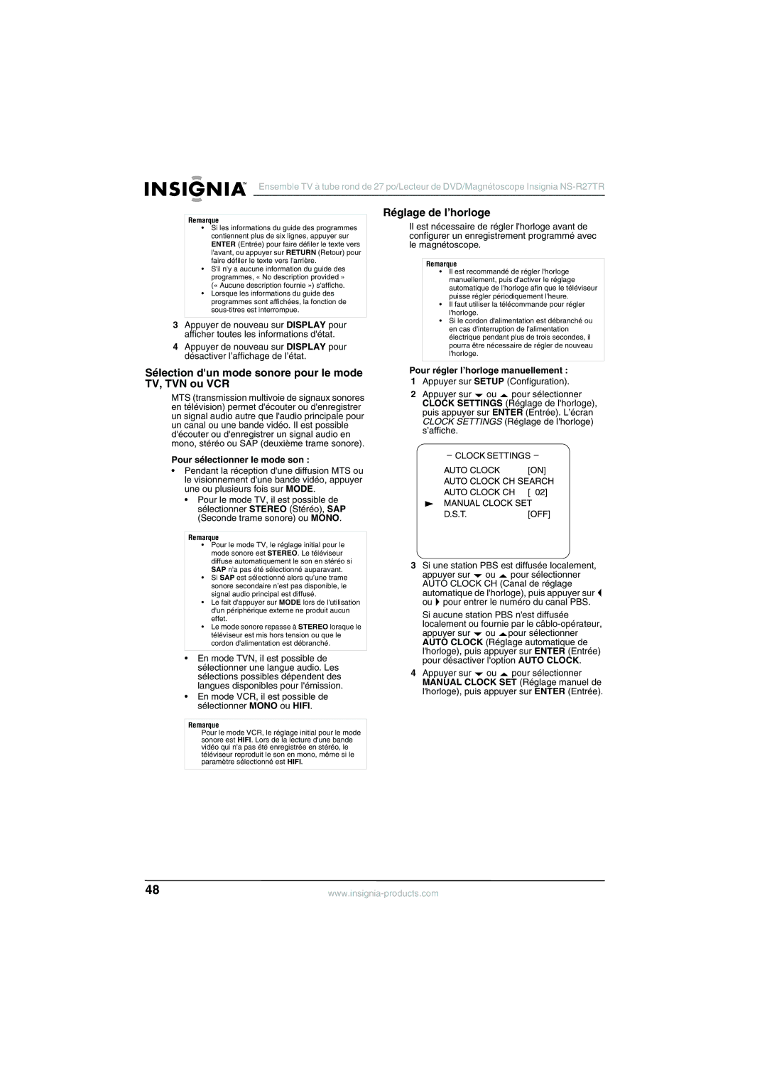 Insignia NS-R27TR manual Sélection dun mode sonore pour le mode TV, TVN ou VCR, Réglage de l’horloge 