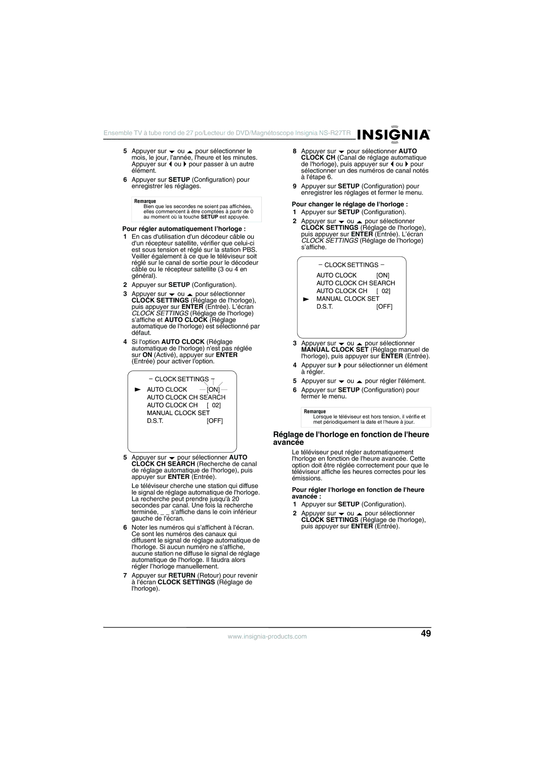 Insignia NS-R27TR manual Réglage de lhorloge en fonction de lheure avancée, Pour régler automatiquement l’horloge 