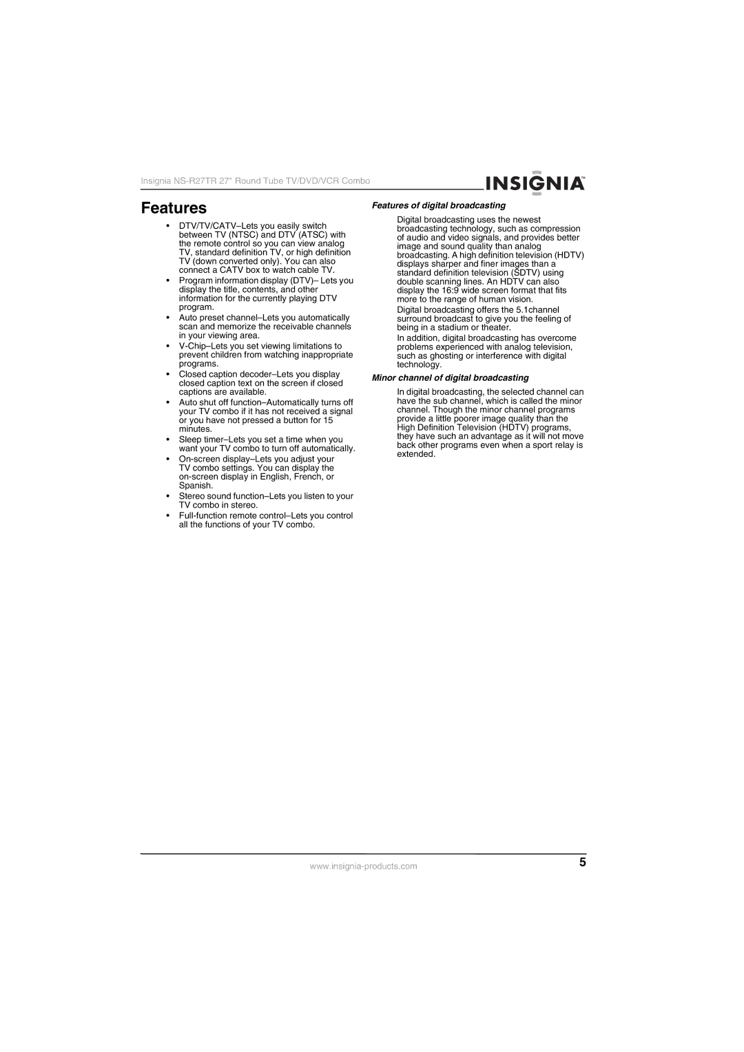 Insignia NS-R27TR manual Features of digital broadcasting, Minor channel of digital broadcasting 