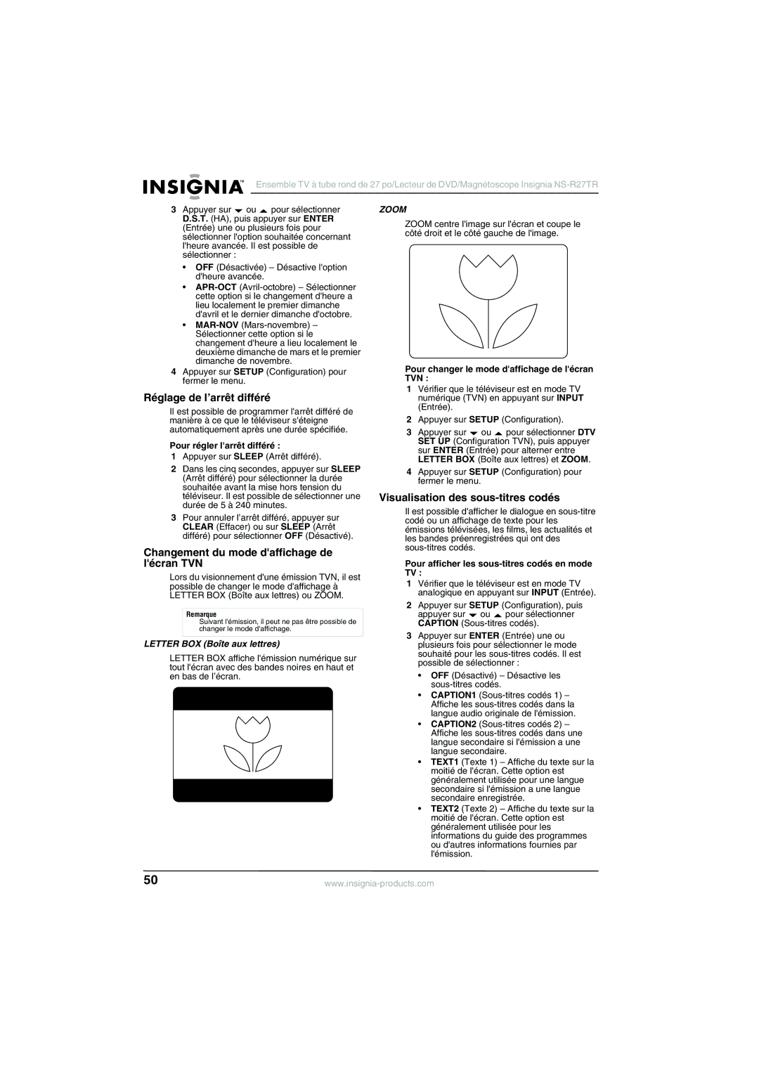 Insignia NS-R27TR Réglage de l’arrêt différé, Changement du mode daffichage de lécran TVN, Letter BOX Boîte aux lettres 