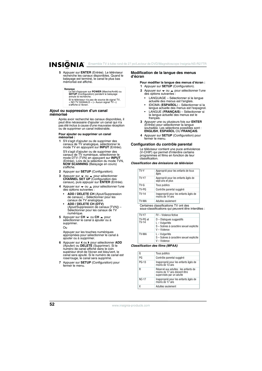 Insignia NS-R27TR manual Ajout ou suppression d’un canal mémorisé, Modification de la langue des menus d’écran 