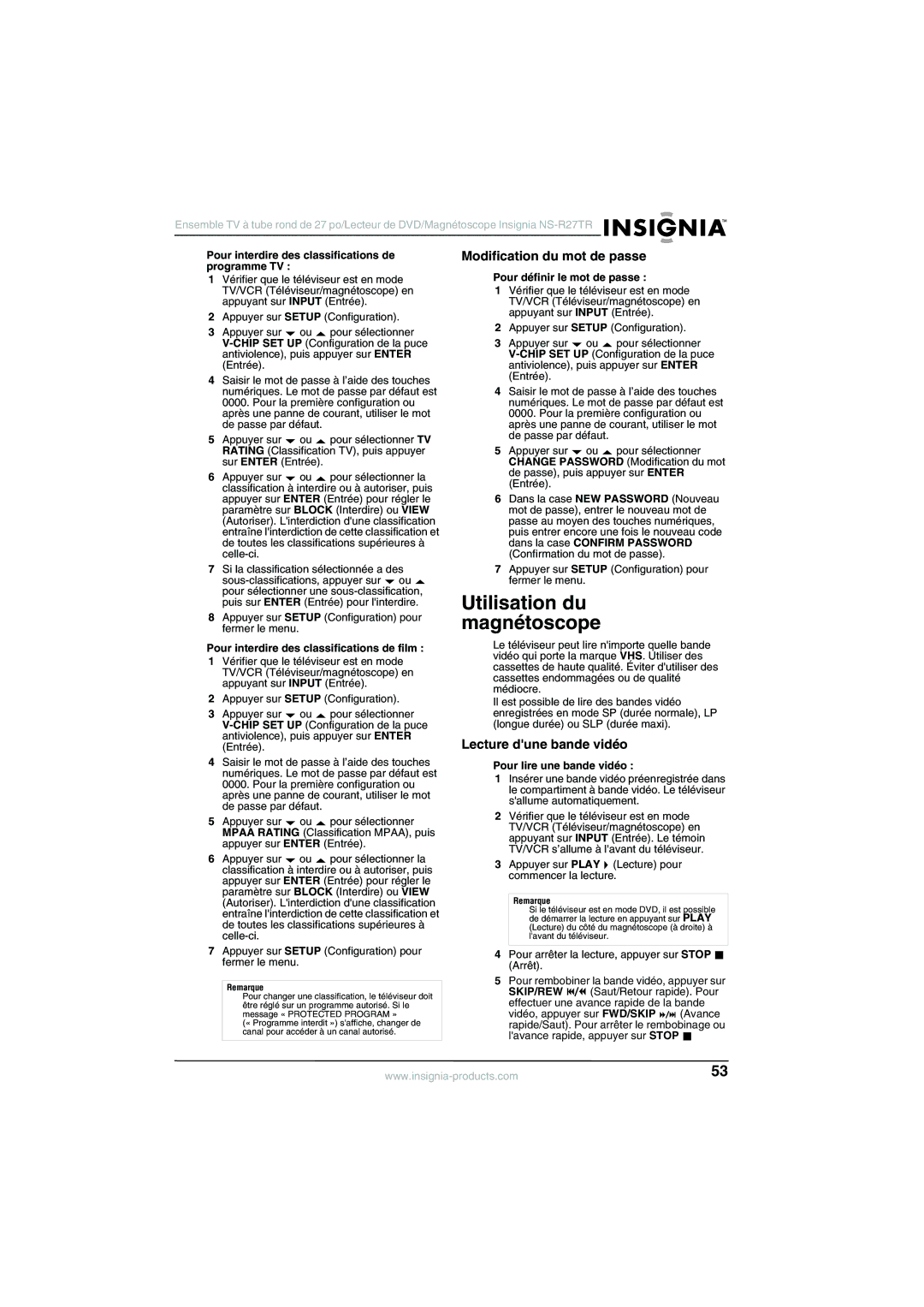 Insignia NS-R27TR manual Utilisation du magnétoscope, Modification du mot de passe, Lecture dune bande vidéo 