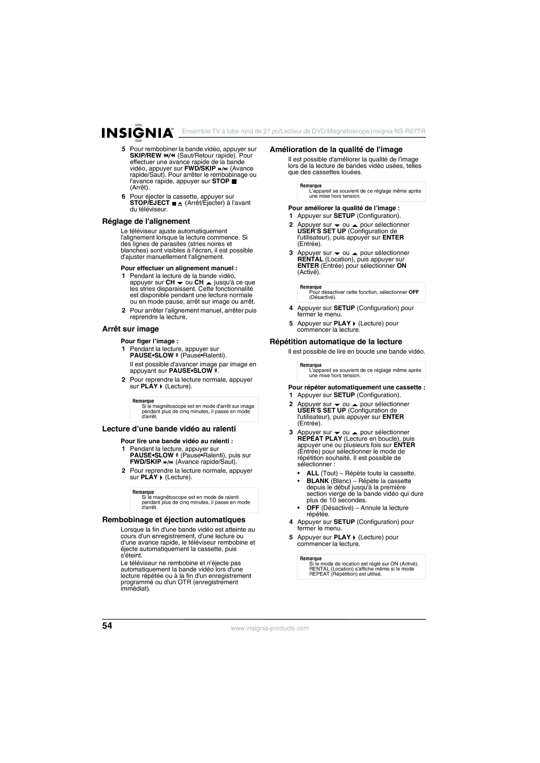 Insignia NS-R27TR manual Réglage de lalignement, Arrêt sur image, Lecture d’une bande vidéo au ralenti 