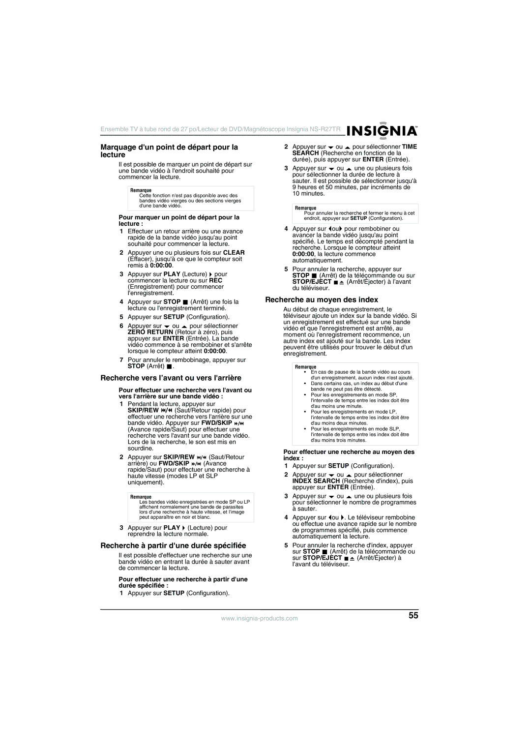 Insignia NS-R27TR manual Marquage dun point de départ pour la lecture, Recherche vers l’avant ou vers larrière 