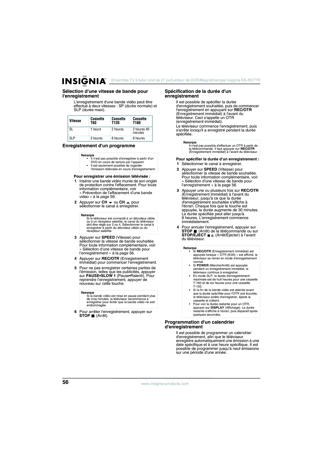 Insignia NS-R27TR manual Sélection dune vitesse de bande pour lenregistrement, Enregistrement dun programme 