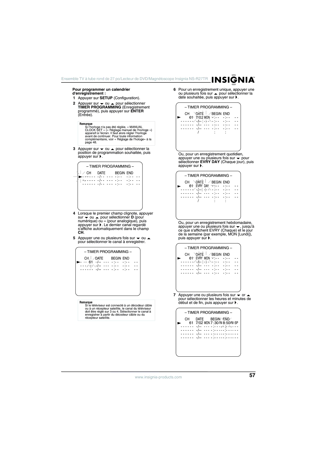 Insignia NS-R27TR manual Pour programmer un calendrier denregistrement 