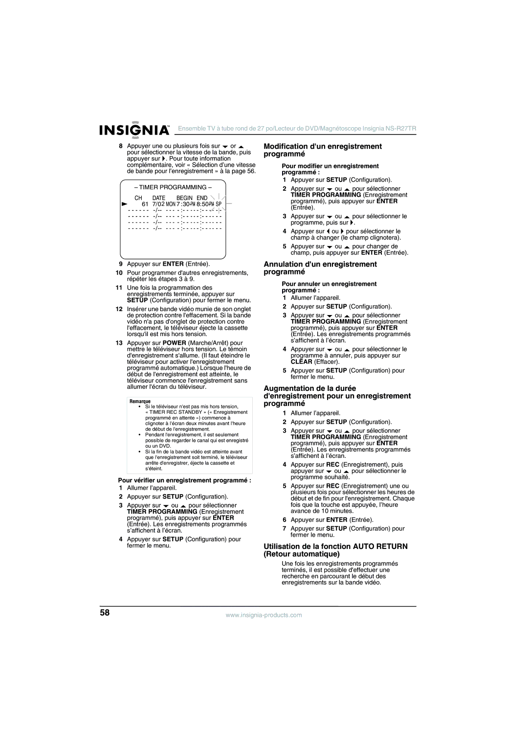 Insignia NS-R27TR manual Modification dun enregistrement programmé, Annulation dun enregistrement programmé 