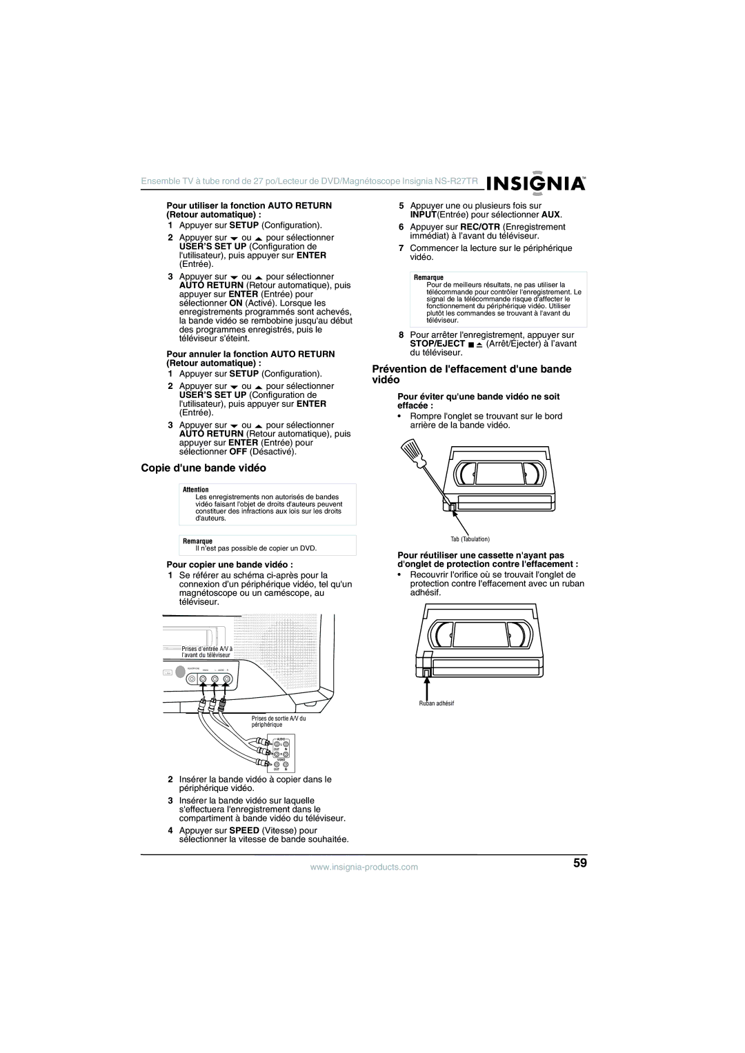 Insignia NS-R27TR manual Copie dune bande vidéo, Prévention de leffacement dune bande vidéo 