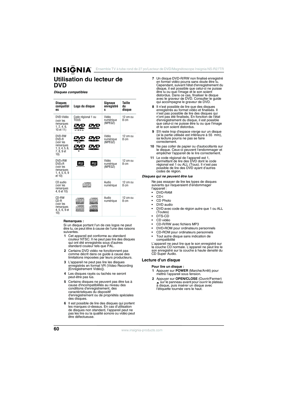 Insignia NS-R27TR Utilisation du lecteur de, Lecture dun disque, Disques compatibles, Disques qui ne peuvent être lus 