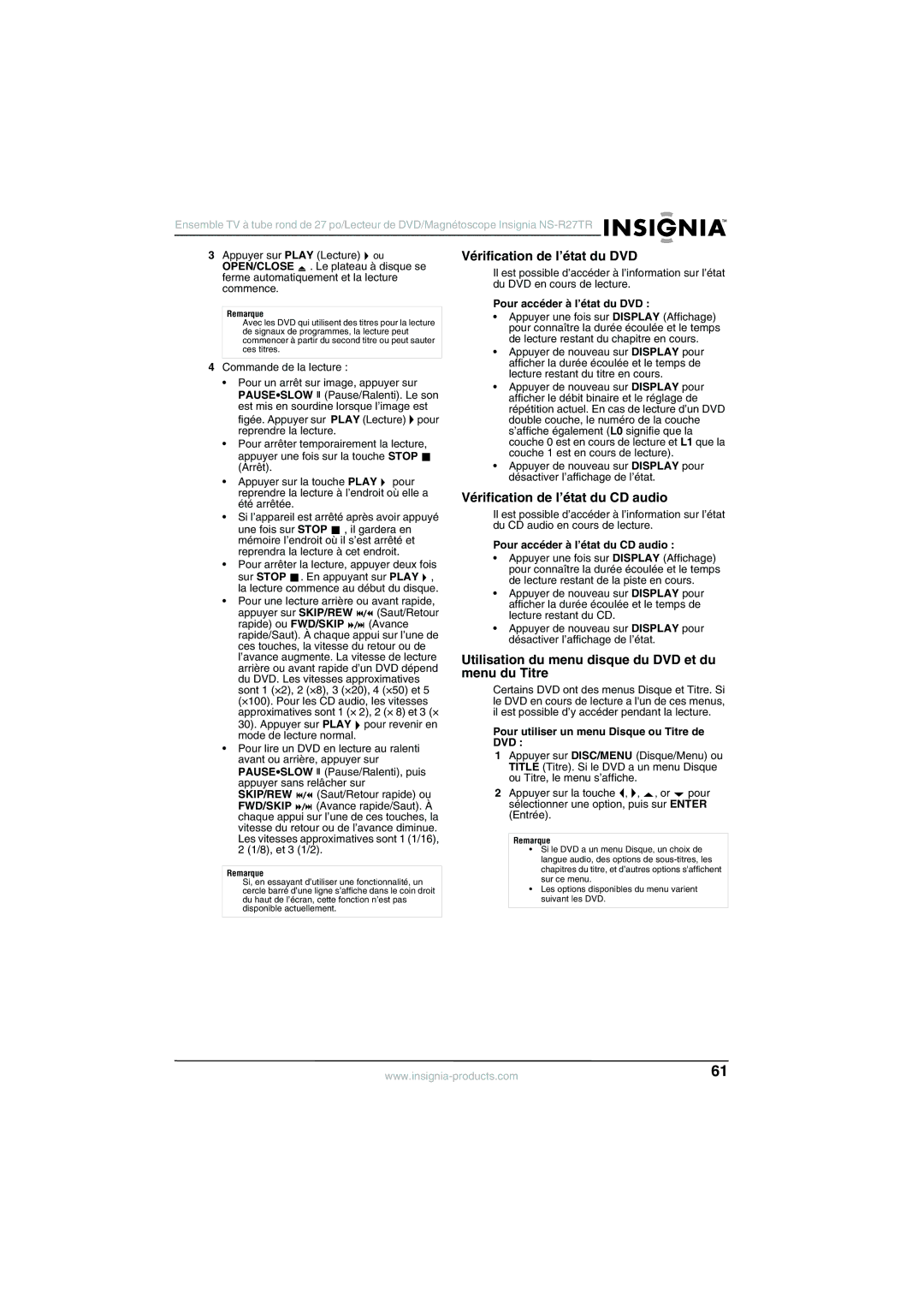 Insignia NS-R27TR manual Vérification de l’état du DVD, Vérification de l’état du CD audio 