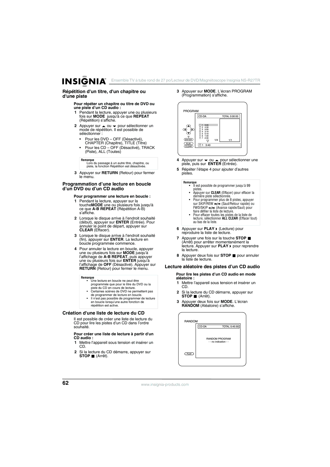 Insignia NS-R27TR manual Répétition dun titre, dun chapitre ou dune piste, Création dune liste de lecture du CD 