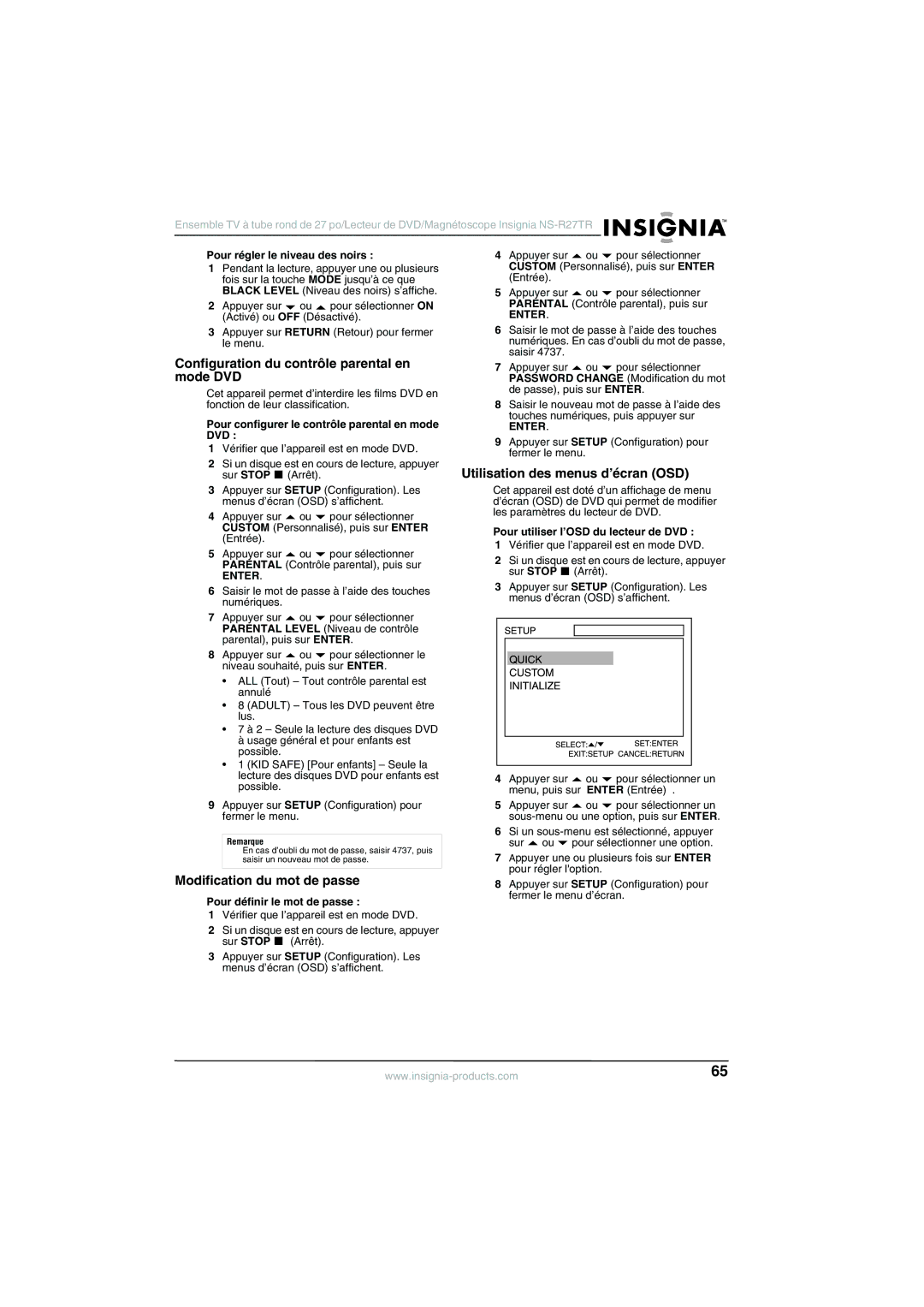 Insignia NS-R27TR manual Configuration du contrôle parental en mode DVD, Utilisation des menus d’écran OSD 