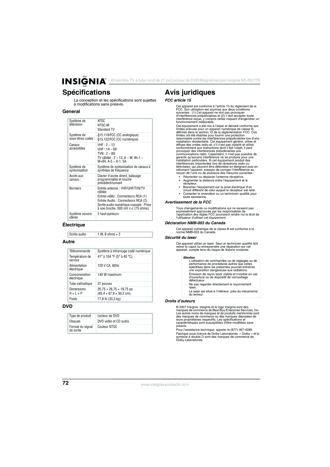 Insignia NS-R27TR manual Spécifications, Avis juridiques, Électrique, Autre 