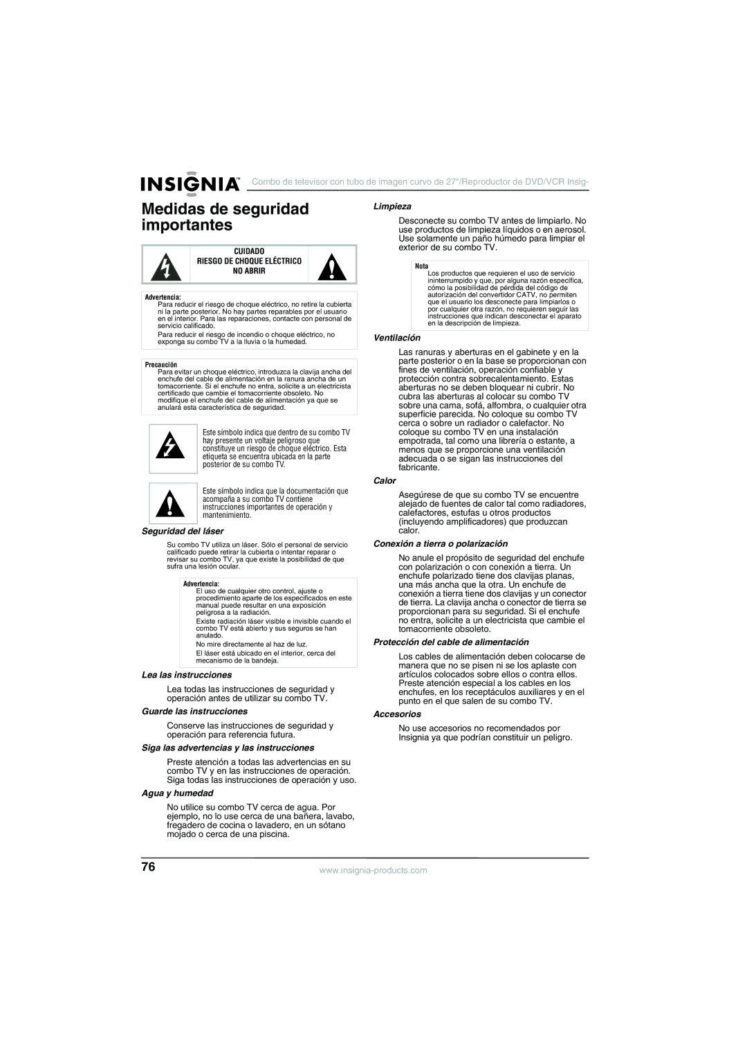 Insignia NS-R27TR manual Medidas de seguridad importantes 