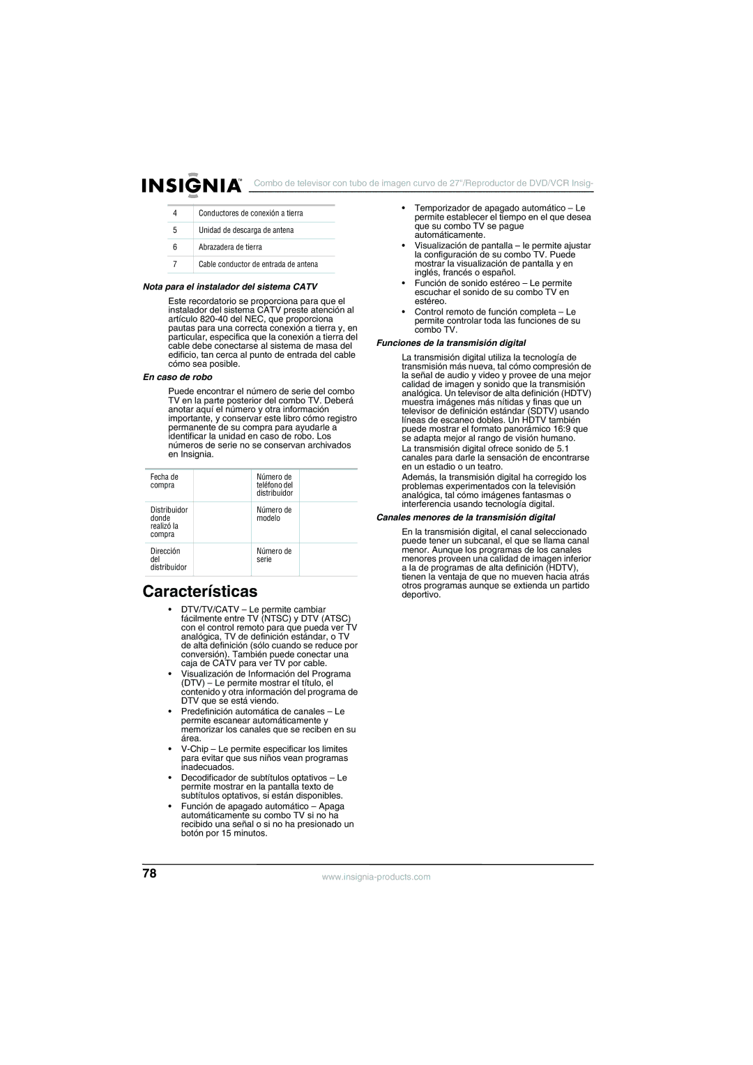 Insignia NS-R27TR manual Características, Nota para el instalador del sistema Catv, En caso de robo 