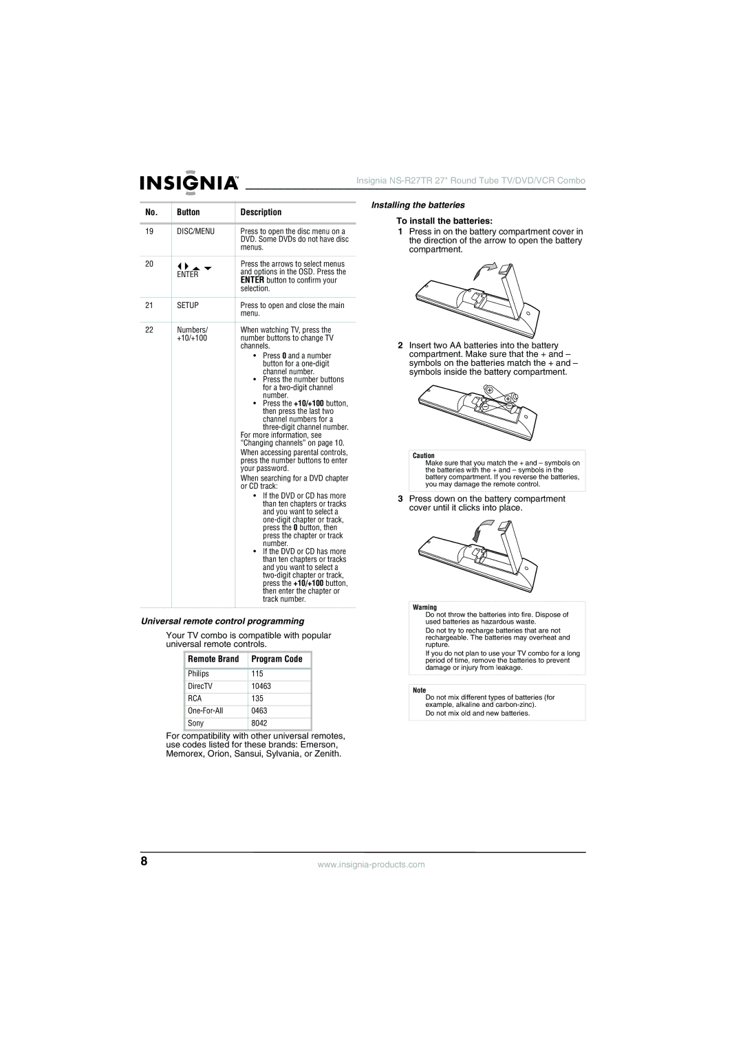 Insignia NS-R27TR Universal remote control programming, Program Code, Installing the batteries, To install the batteries 