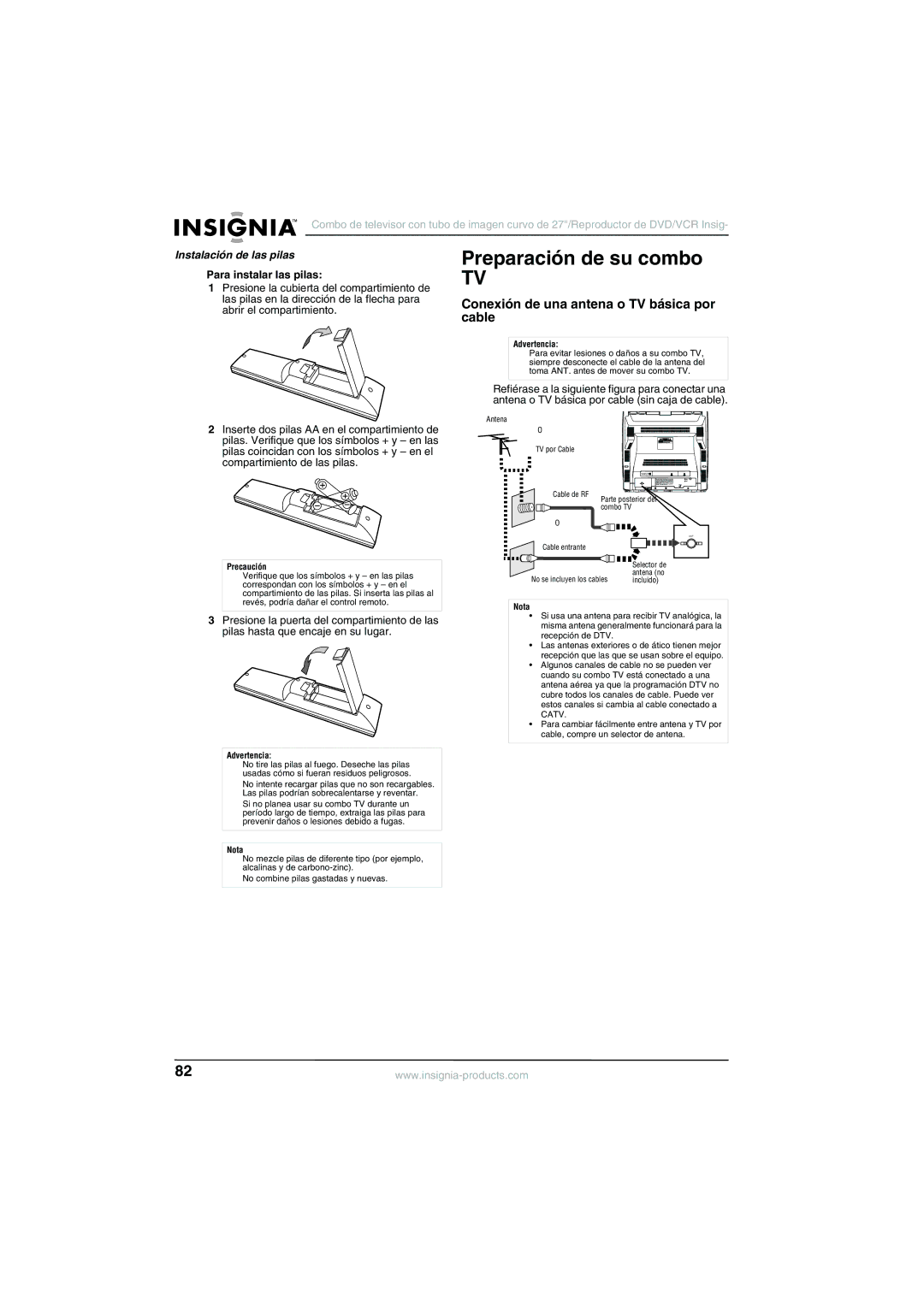 Insignia NS-R27TR manual Preparación de su combo, Conexión de una antena o TV básica por cable, Instalación de las pilas 