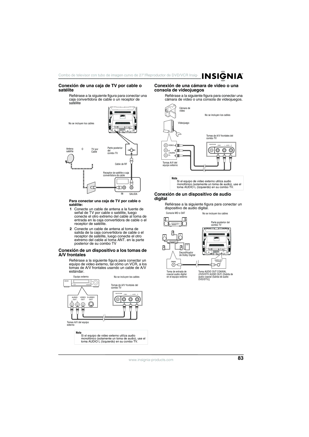 Insignia NS-R27TR manual Conexión de una caja de TV por cable o satélite, Conexión de un dispositivo de audio digital 