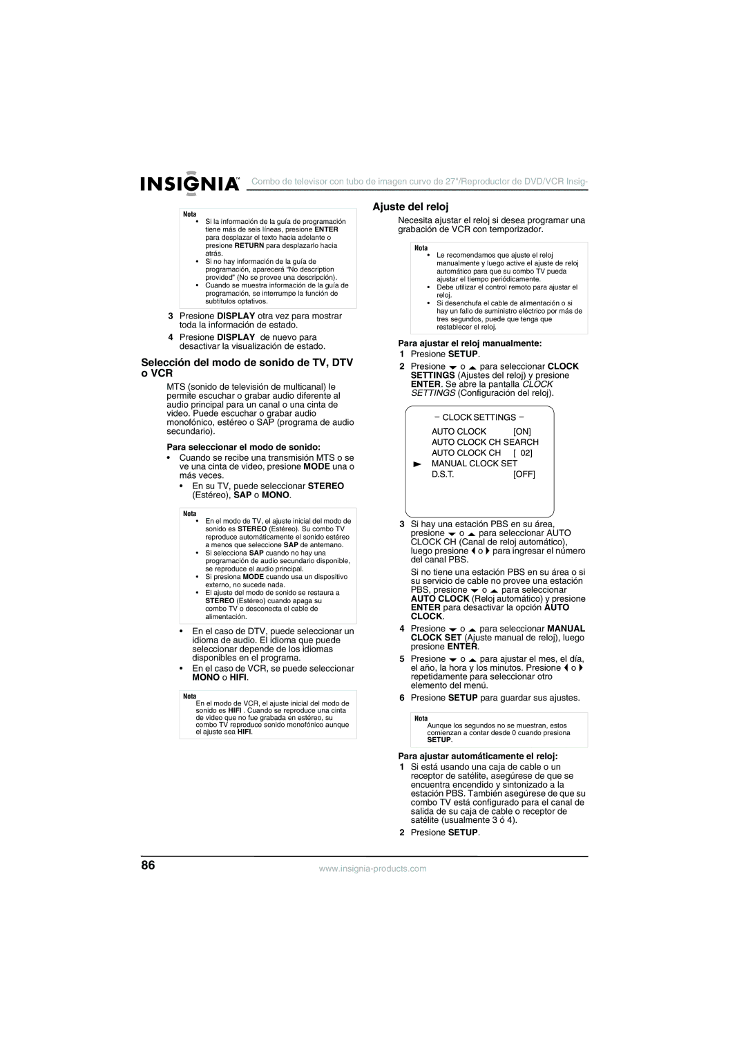 Insignia NS-R27TR Selección del modo de sonido de TV, DTV o VCR, Ajuste del reloj, Para seleccionar el modo de sonido 