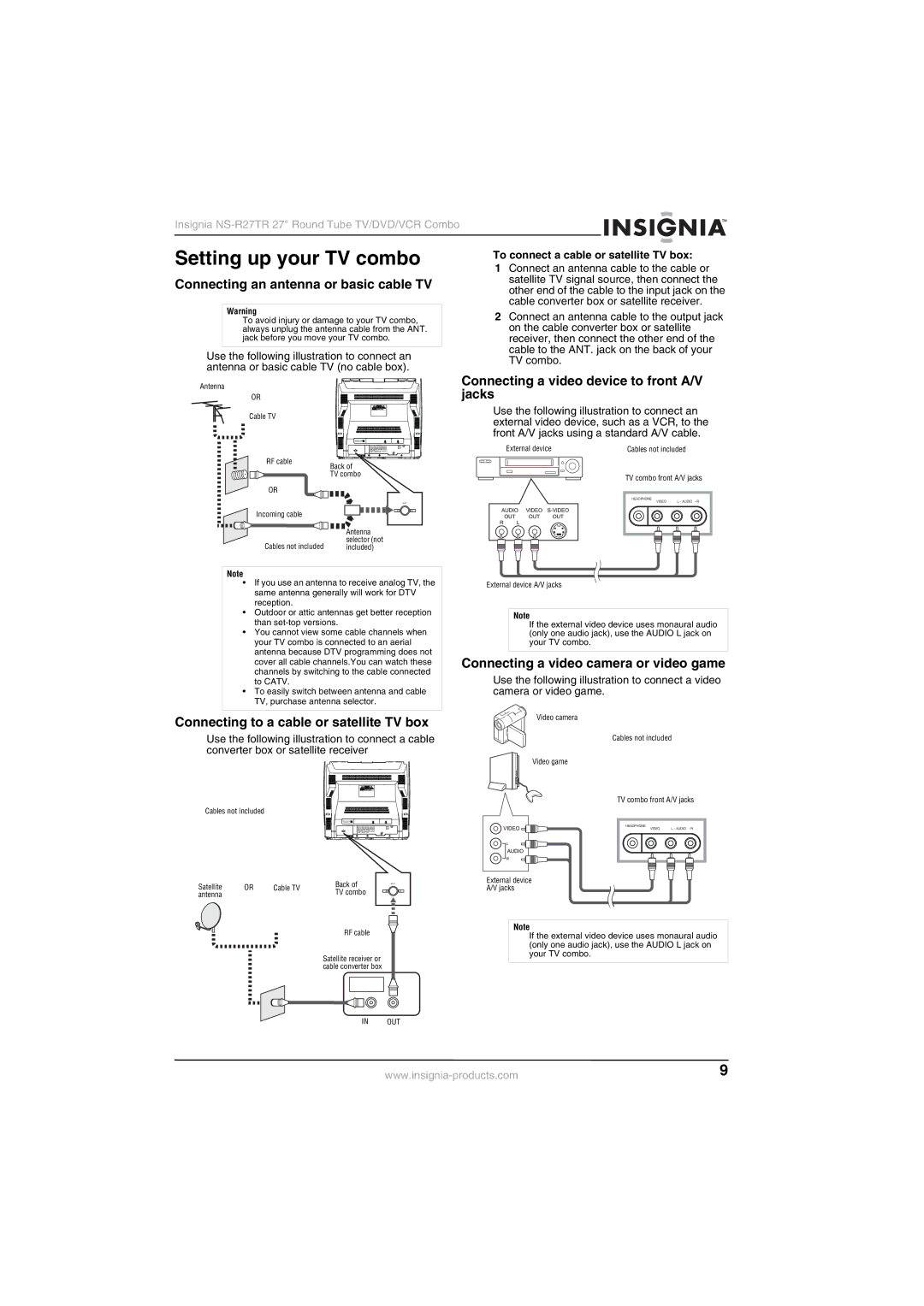 Insignia NS-R27TR manual Setting up your TV combo, Connecting an antenna or basic cable TV 