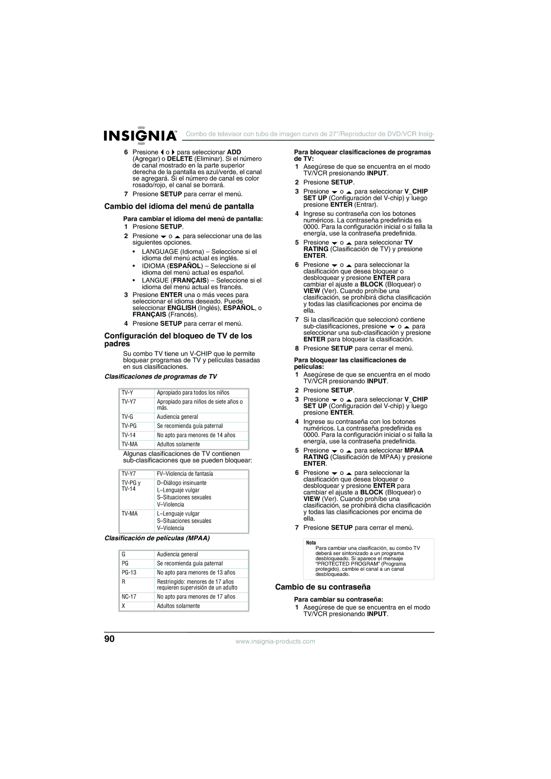 Insignia NS-R27TR manual Cambio del idioma del menú de pantalla, Configuración del bloqueo de TV de los padres 