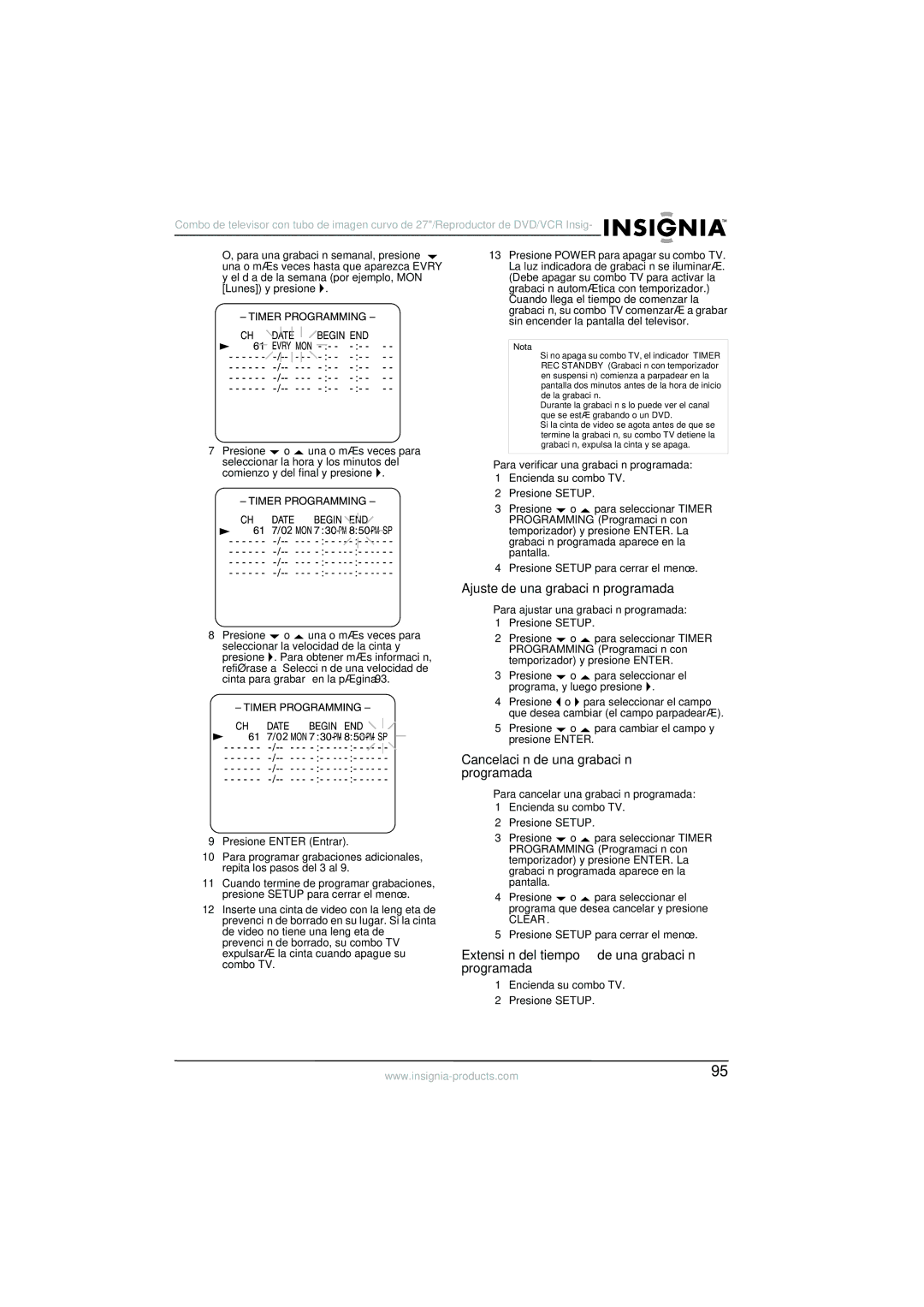 Insignia NS-R27TR manual Ajuste de una grabación programada, Cancelación de una grabación programada 