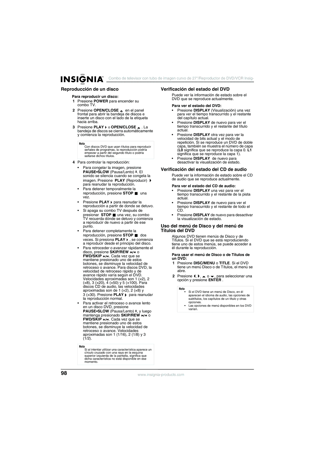 Insignia NS-R27TR manual Reproducción de un disco, Verificación del estado del DVD, Verificación del estado del CD de audio 