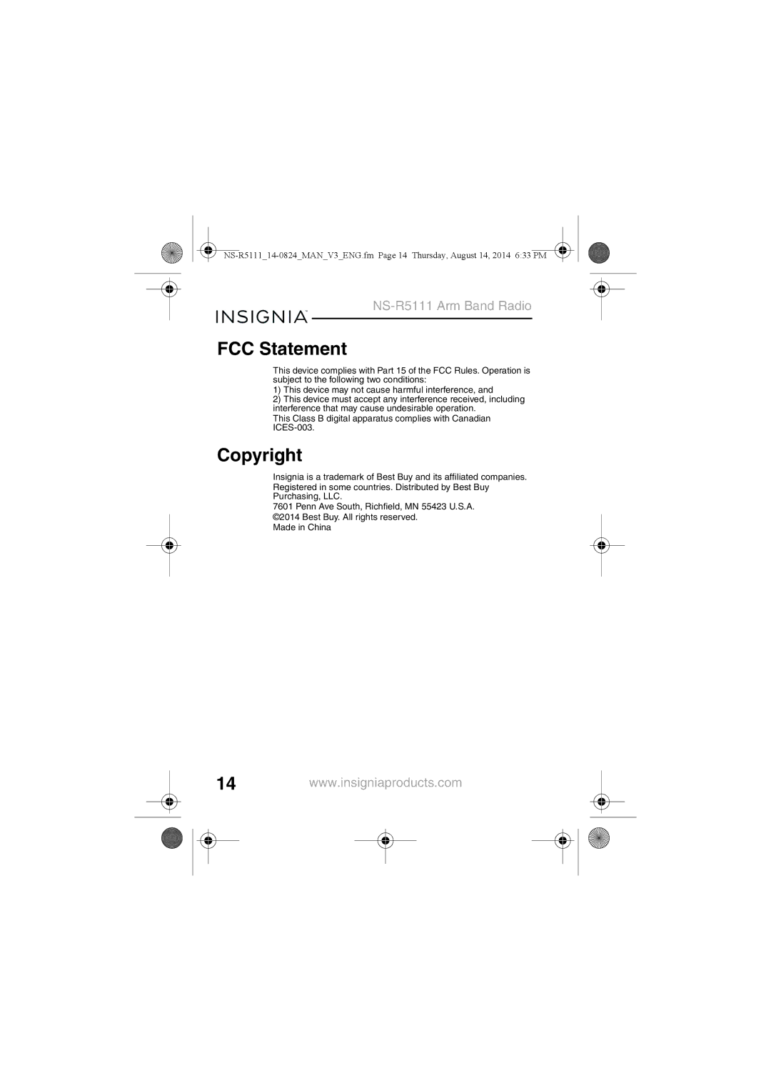 Insignia NS-R5111 manual FCC Statement, Copyright 