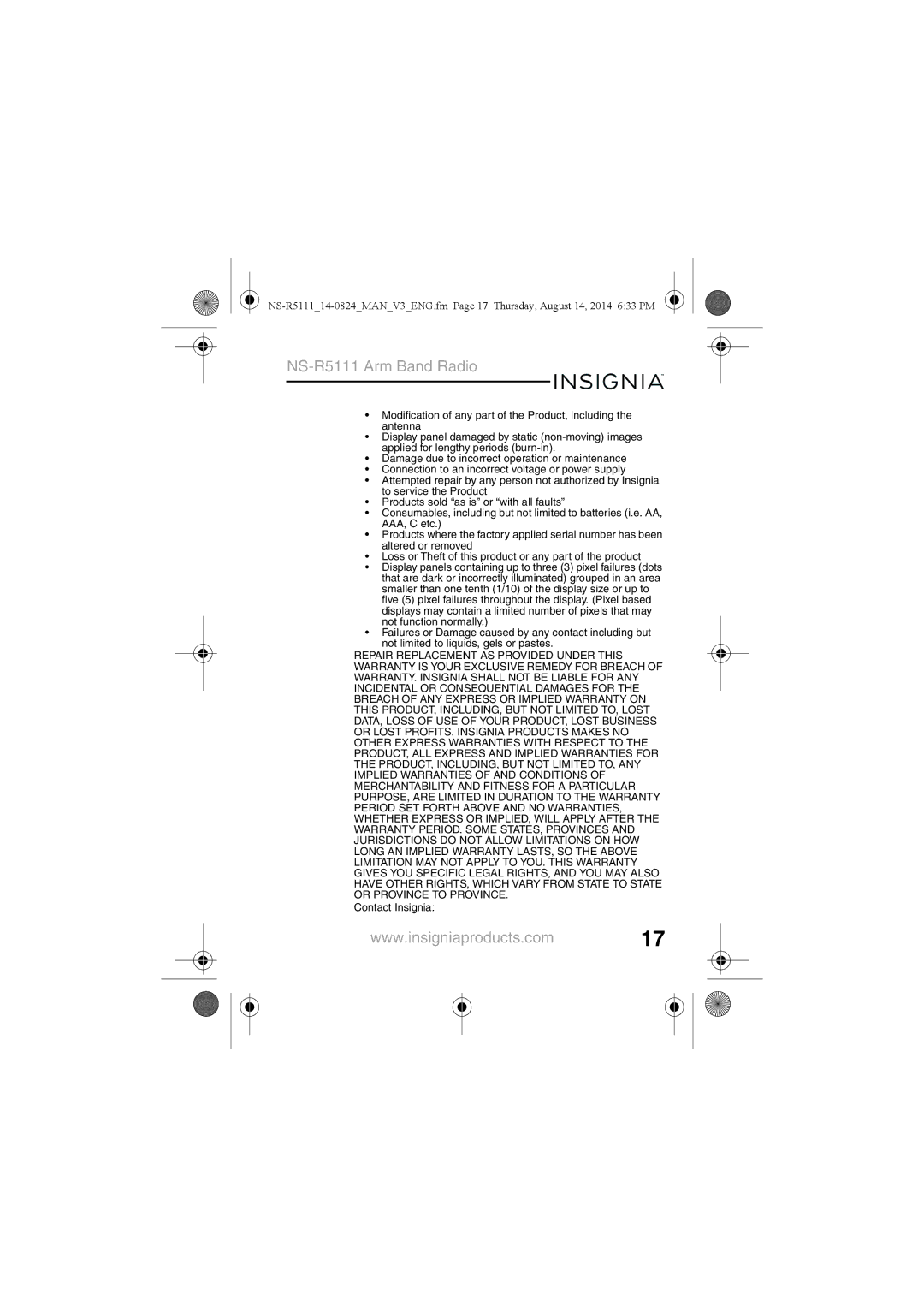 Insignia NS-R5111 manual Contact Insignia 