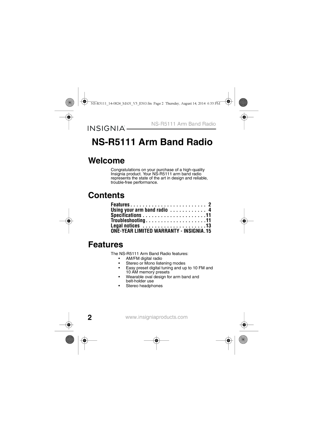 Insignia NS-R5111 manual Welcome, Contents, Features 