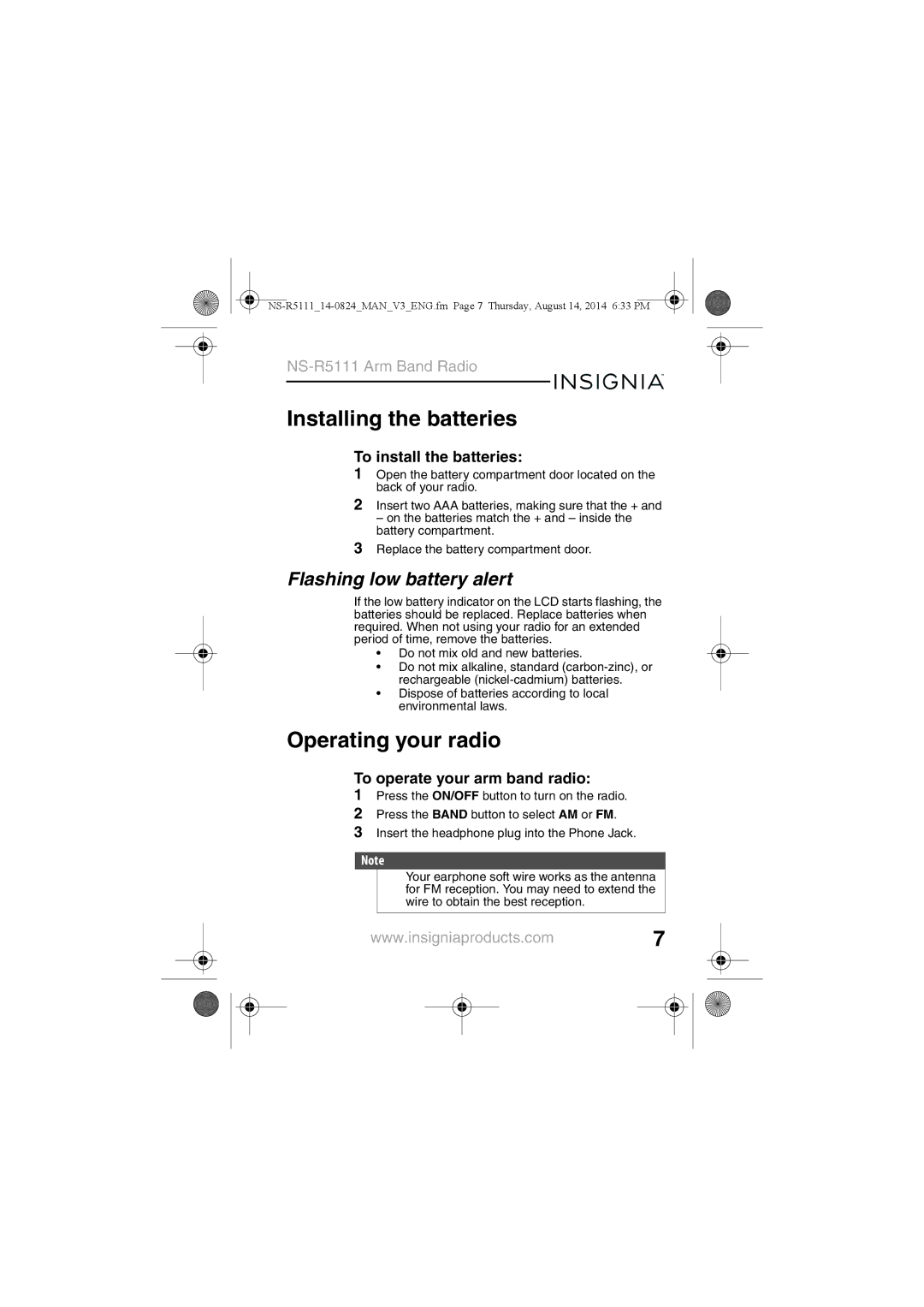 Insignia NS-R5111 Installing the batteries, Operating your radio, Flashing low battery alert, To install the batteries 