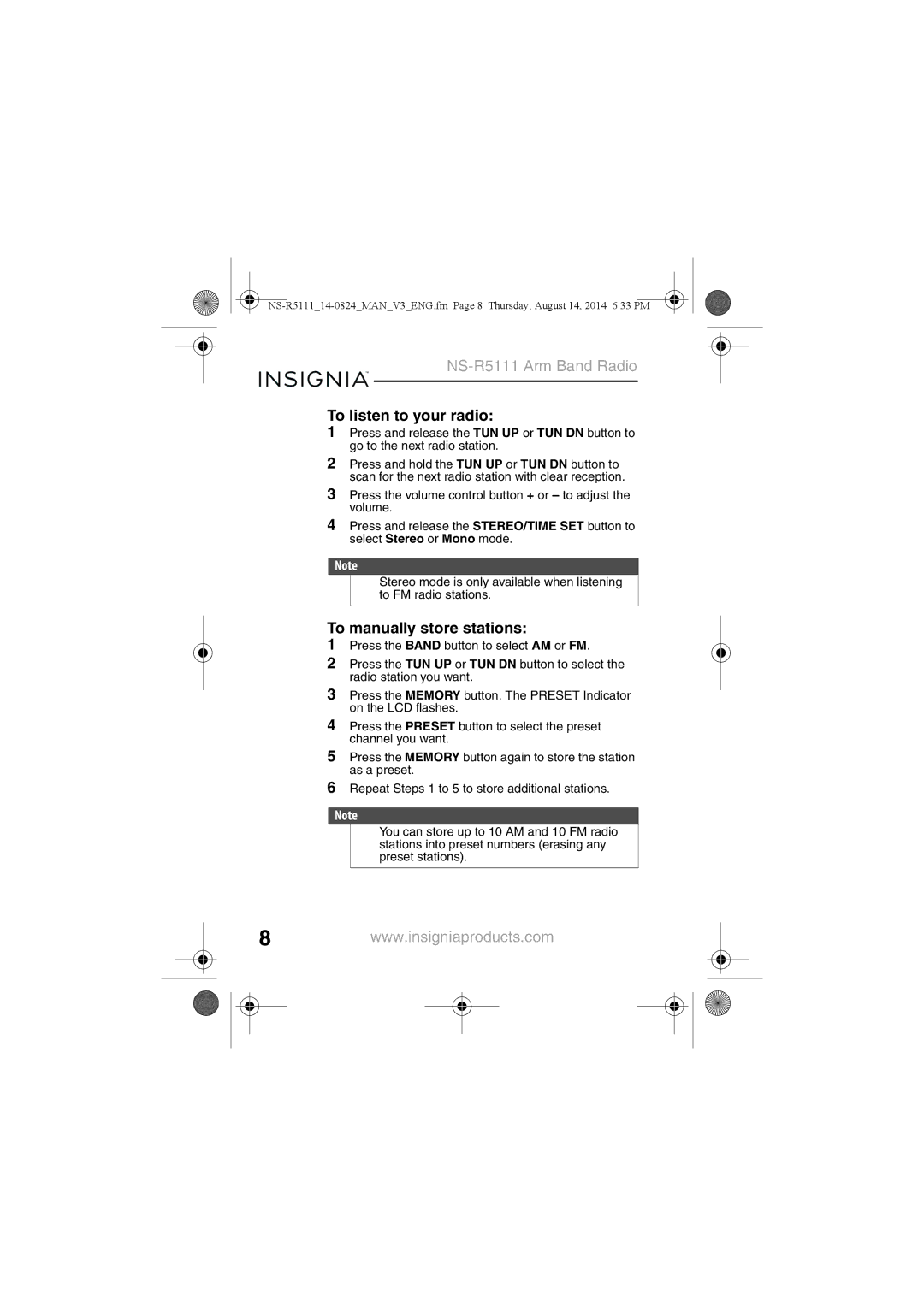 Insignia NS-R5111 To listen to your radio, To manually store stations 