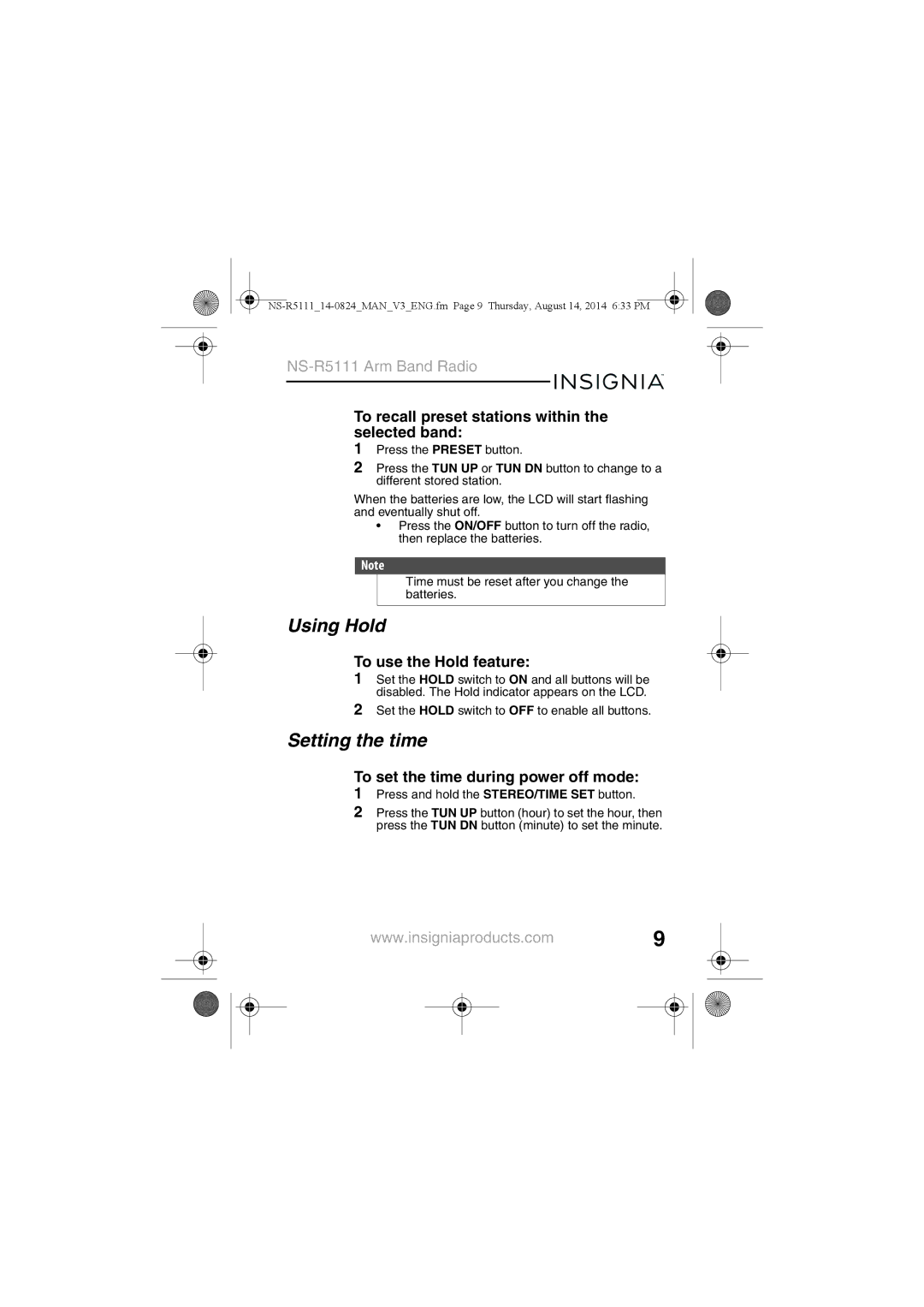 Insignia NS-R5111 manual Using Hold, Setting the time, To recall preset stations within the selected band 