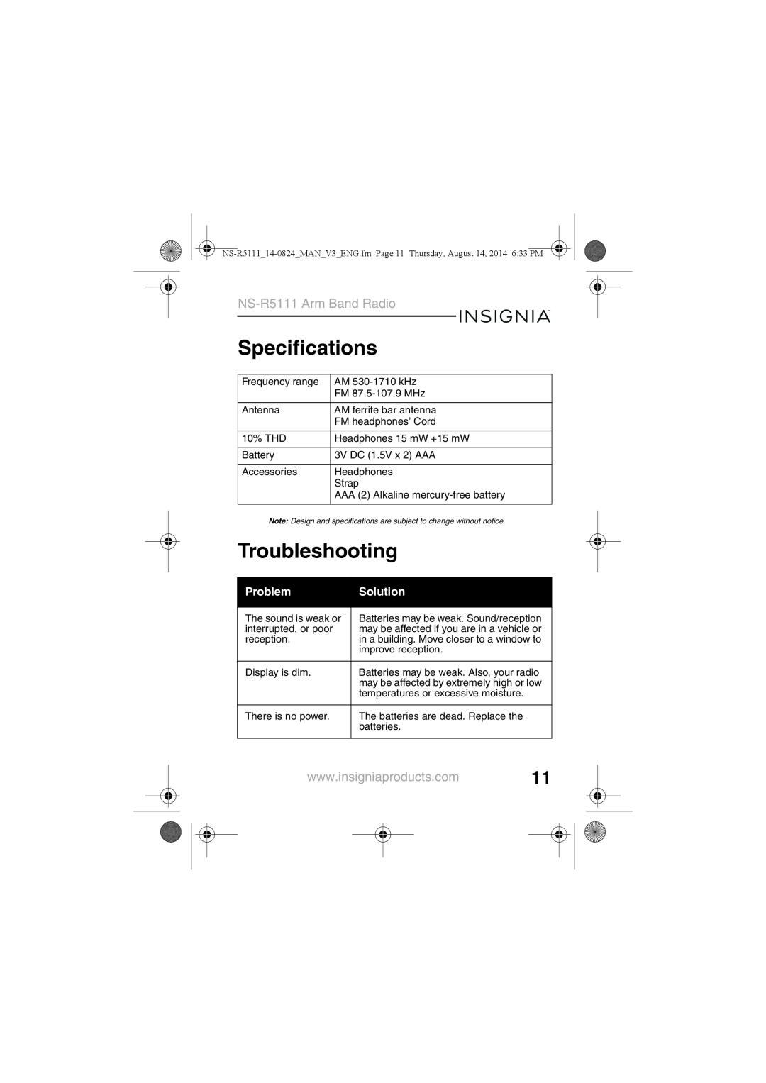 Insignia manual Specifications, Troubleshooting, Problem, Solution, NS-R5111Arm Band Radio 