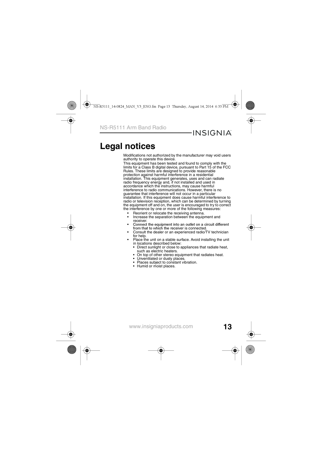 Insignia manual Legal notices, NS-R5111Arm Band Radio 