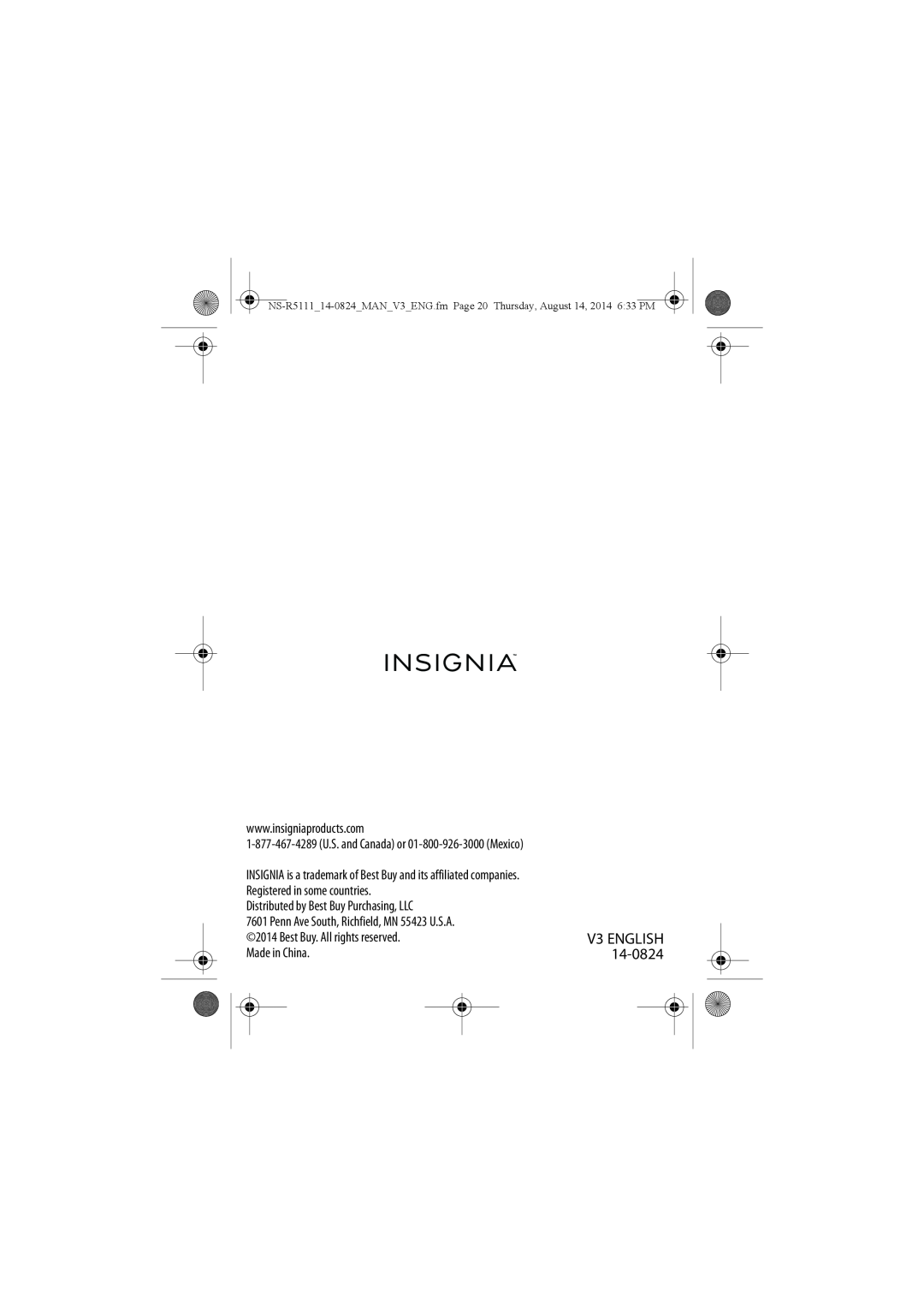 Insignia NS-R5111 manual V3 ENGLISH, Distributed by Best Buy Purchasing, LLC, Made in China 
