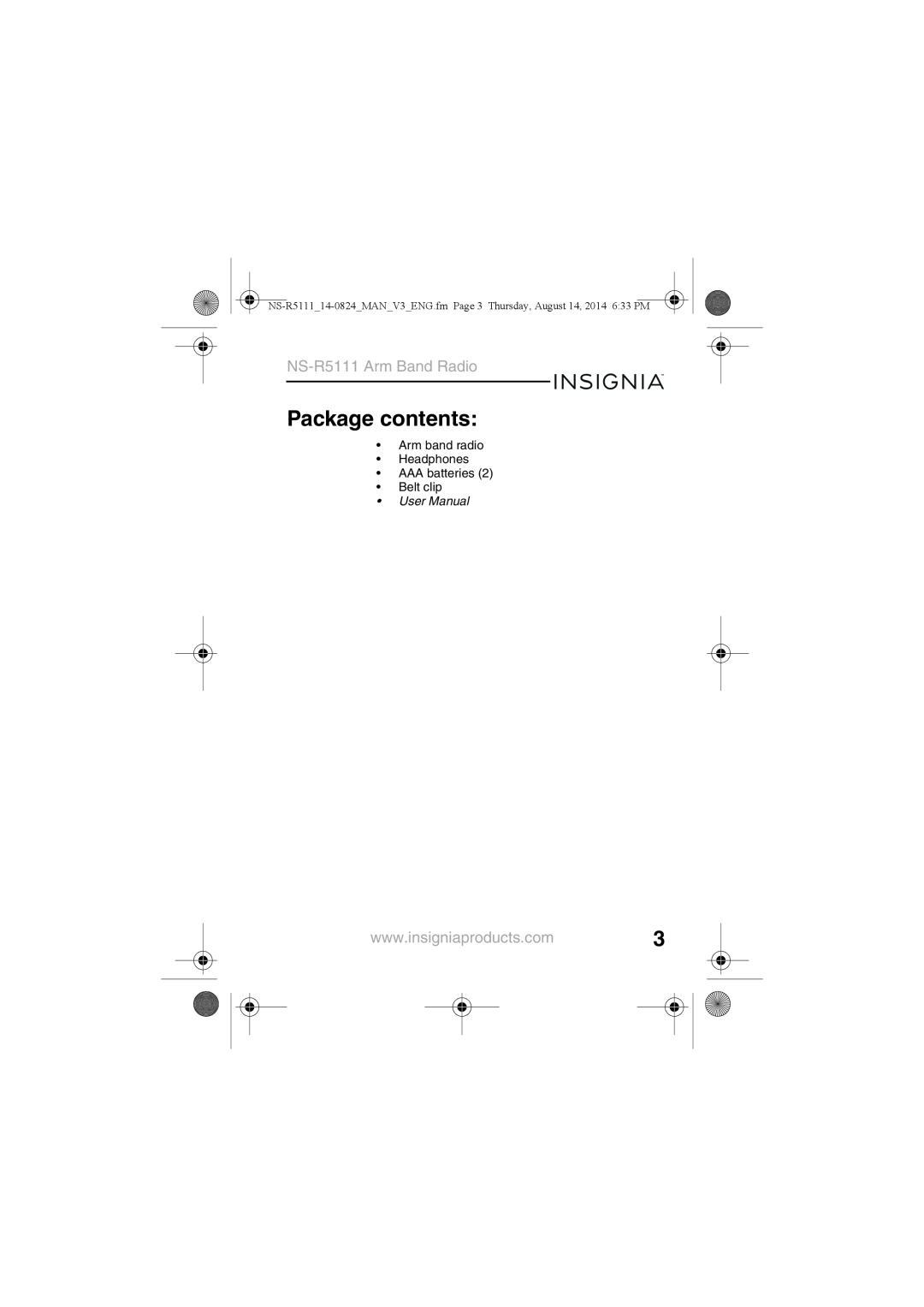 Insignia manual Package contents, NS-R5111Arm Band Radio 