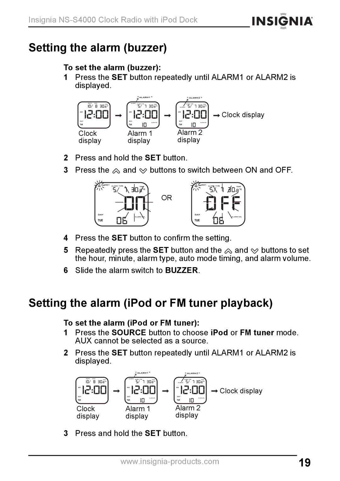 Insignia NS-S4000 manual Setting the alarm buzzer, Setting the alarm iPod or FM tuner playback, To set the alarm buzzer 