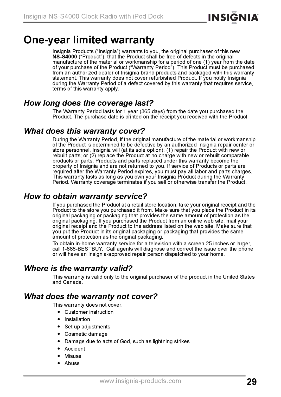 Insignia NS-S4000 manual One-year limited warranty 